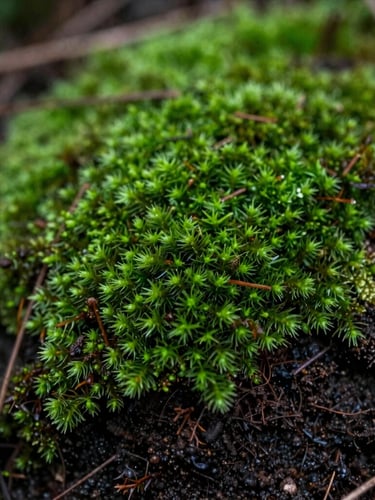 Macro close-up of rich dark fertile soil with vibrant green moss, soft overcast natural daylight, cinematic 35mm, shallow depth of field