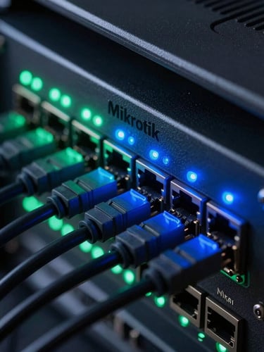 Macro shot of a Mikrotik CCR router panel with glowing green and blue ethernet status LEDs, organized patch cables, dark technical photography style