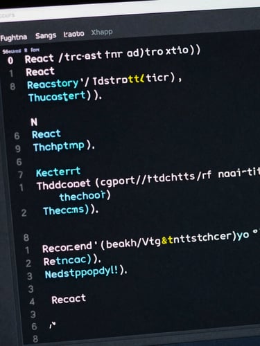 Macro shot of a dark-mode IDE interface showing clean, structured React and TypeScript code on a screen, subtle neon cyan light reflecting off the glass, sharp focus, engineering aesthetic.