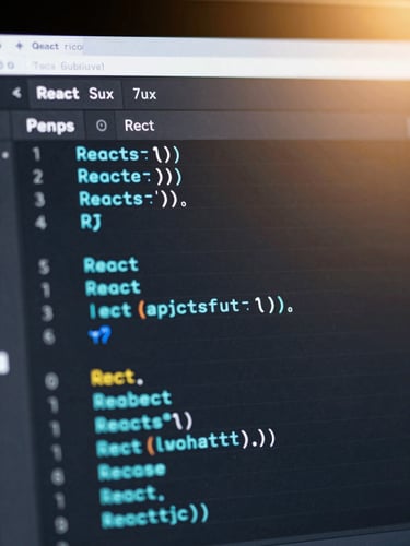 Macro shot of a dark mode development IDE with clean React code, glowing cyan syntax highlighting, soft ambient background light