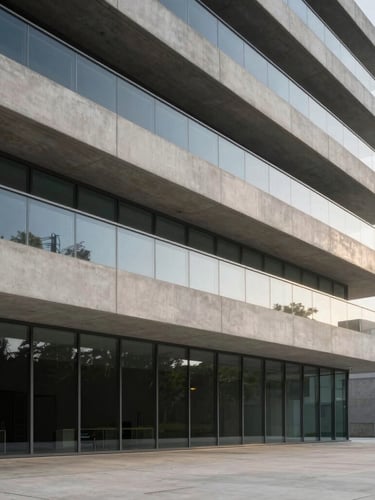 Minimalist concrete and glass building exterior, clean geometric lines, soft morning light, architectural detail, wide angle.
