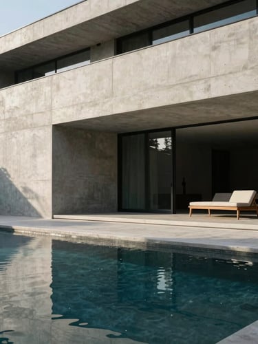 Wide environmental shot of a modern architectural villa facade with clean concrete lines, natural morning light reflecting on a minimalist pool, high-end design.