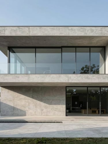 Wide environmental shot of a minimalist concrete and glass villa facade, clean morning light, sharp architectural lines, negative space, no people.