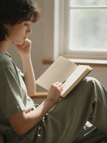 A person sitting peacefully by a sunlit window, holding a notebook, looking thoughtful, warm editorial photography, soft tones