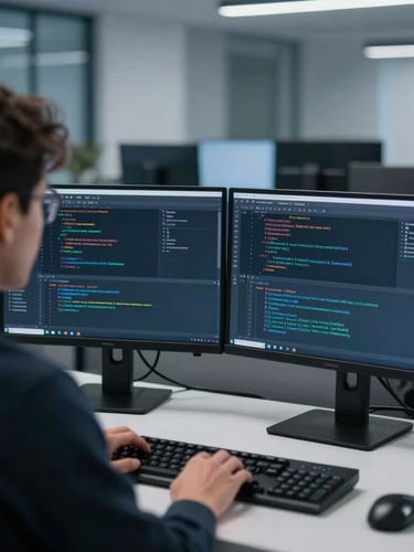 Over-the-shoulder view of a developer workspace, clean desk, dual monitors showing structured code, cool-toned lighting, sharp depth of field, 35mm lens.