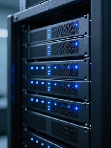 Macro shot of a high-end server rack with blinking blue LED indicator lights, deep shadows, cool-toned industrial server room environment, 35mm lens