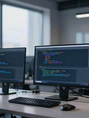 Clean developer workspace with code on screens, natural daylight mixed with cool-toned studio highlights, 35mm lens.