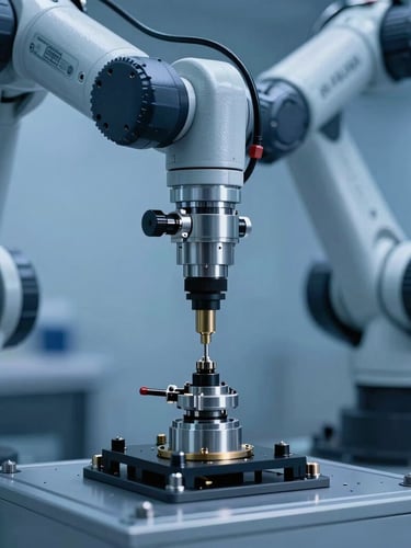 Macro shot of industrial automated robotic arm assembling precision hardware, cool-toned studio lighting with deep blue shadows, crisp depth of field