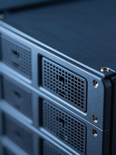 Macro shot of high-end server hardware, cool-toned blue and slate lighting, crisp depth of field, 35mm lens.