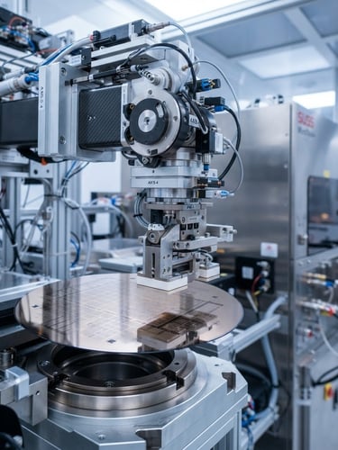 Close-up of a high-precision automated robotic arm positioning a silicon wafer under cool cleanroom lighting, sharp focus, 50mm lens