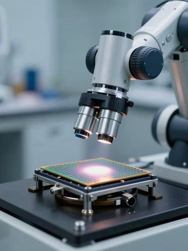 Close-up of a materials testing laboratory, a robotic arm positioning a silicon wafer under a high-magnification optical lens, crisp cool-toned industrial lighting, sharp focus, high contrast, 50mm lens