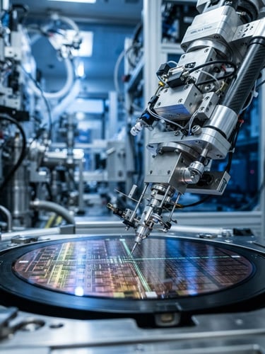 Macro shot of a high-precision robotic arm calibrating a silicon wafer in a cleanroom, cool blue light, sharp metallic details, industrial depth of field