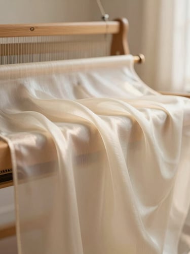 A close-up of elegant cream-colored Organza silk fabric draped over a wooden loom, soft morning light filtering through a window, highlighting the delicate texture