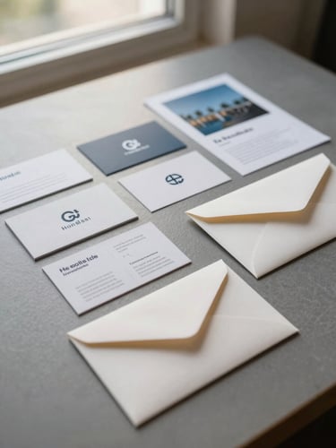 Close-up of a finished brand identity system laid out on a warm gray desk — business cards, envelope, and printed collateral arranged in a tight grid under soft natural window light, edges sharp, paper texture visible