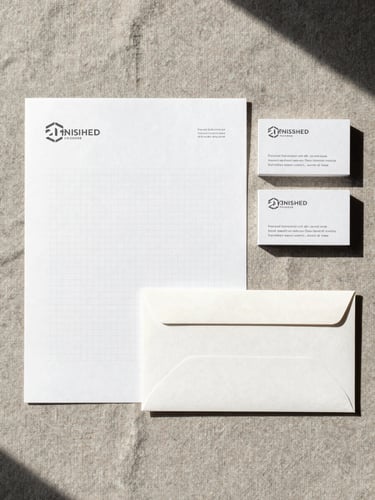 Finished brand stationery set — letterhead, business card, and envelope — arranged in a slightly overlapping fan on a warm gray linen surface, natural daylight from above, showing the typographic grid system applied consistently across all three pieces