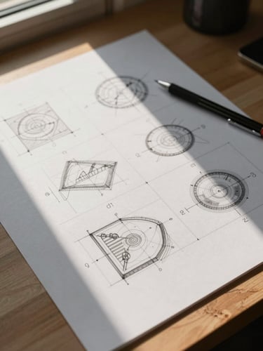 Close overhead view of a designer's desk — a single A3 sheet covered in annotated sketches and ruled grids, a mechanical pencil resting at the edge, warm afternoon light from a window casting a long shadow across the paper
