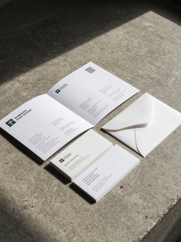 Wide shot from left side of a printed identity system laid flat on a warm concrete surface — a folded brochure, business cards, and an envelope arranged in an open spread, natural window light raking across the paper edges, deep shadow in the upper left corner