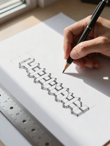 Close-up of a designer's hand annotating a grid sketch on white paper, a mechanical pencil and a steel ruler visible, natural window light casting a soft shadow, the sketch showing modular type blocks arranged in a column system