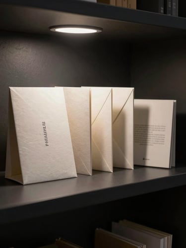 Finished brand identity collateral displayed upright on a dark studio shelf — folded card, envelope, and a small booklet in a tight row, studio spot-lighting from above-left, deep shadow behind