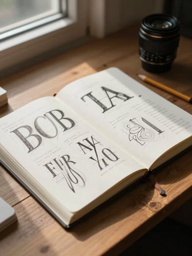 Designer's sketchbook open on a wooden work table showing typographic studies and annotated margin notes, a pencil resting beside it, natural side-window light casting soft shadows across the page