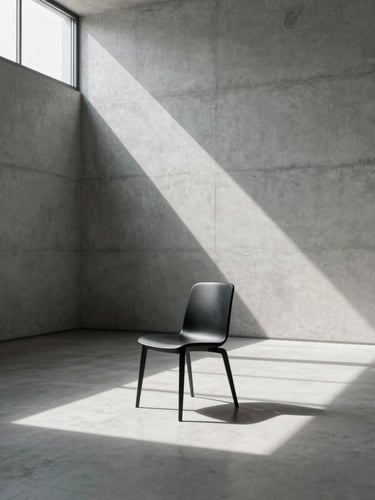 Wide environmental shot of a minimalist concrete interior, a single stark black chair positioned off-center, sharp geometric shadows cast by hard sunlight from a high window, clinical gallery atmosphere.