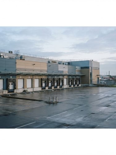 Candid, documentary-style wide view of a modern logistics terminal at overcast dawn, flat metal cladding, low-contrast natural light, no people.