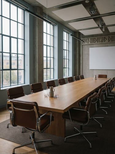 Quiet, architectural boardroom with natural overcast light filtering through tall steel-framed windows, empty leather chairs, warm oak table, professional editorial documentary style.