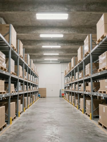 Wide environmental shot of a modern logistics warehouse interior, high concrete ceilings, soft overcast daylight through skylights, organized steel racks.