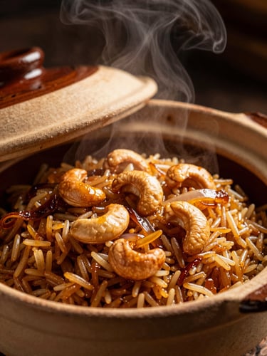 Extreme close-up of steam rising from a freshly unsealed clay dum pot, revealing glistening golden Kaima rice topped with ghee-roasted cashews and caramelized onions. Dark moody lighting with warm golden-hour side highlights.