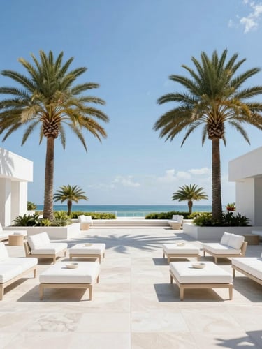 Sophisticated outdoor lounge in Miami, palm trees swaying under bright blue sky, clean modern architectural lines, high-key editorial daylight.