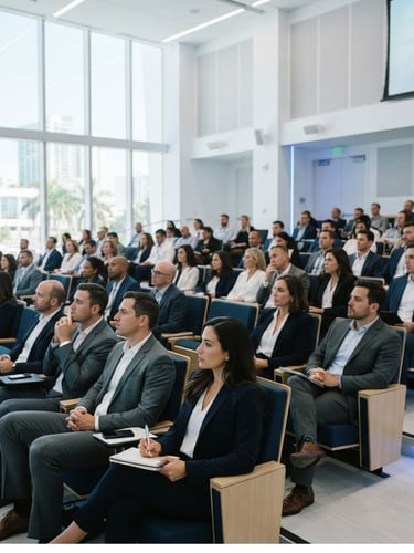 Bright high-key daylight photograph of a modern medical congress hall in Miami, executive audience seated, clean white and blue tones, 35mm.