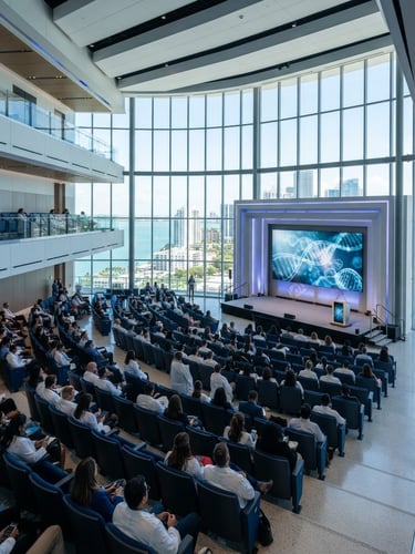 A clean architectural shot of a premium modern medical conference hall in Miami, bright daylight, sophisticated clinical blue tones, 35mm