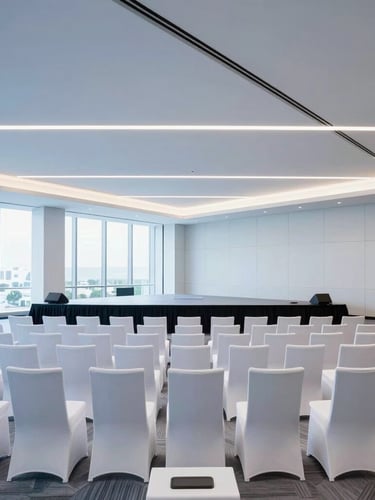 Polished modern conference venue in Miami, professional stage lighting, executive seating arrangement, clean minimalist architecture