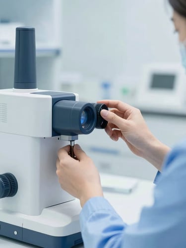 Close-up of a medical professional demonstrating advanced clinical technology in a bright modern laboratory, clean daylight, sophisticated corporate blue tones