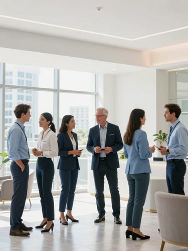 Polished executive networking at a premium Miami venue, medical professionals conversing in a bright, modern, sunlit lobby, clean corporate aesthetic, 35mm.