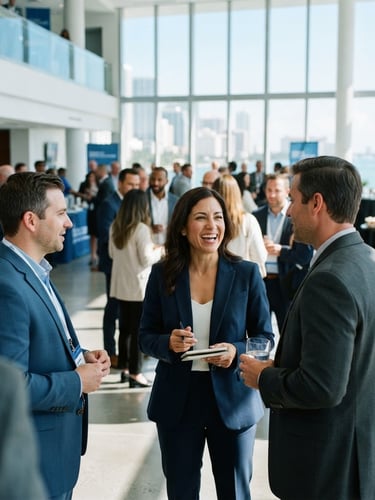 Polished executive networking in a bright, modern Miami conference hall, high-key daylight, corporate blue accents, clean editorial photography, 35mm