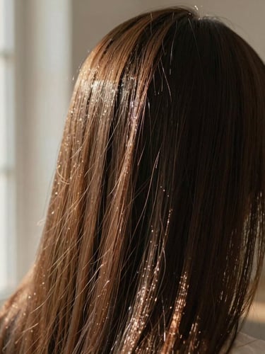 Soft close-up of healthy, glossy hair texture under warm natural window light, elegant and minimalist.