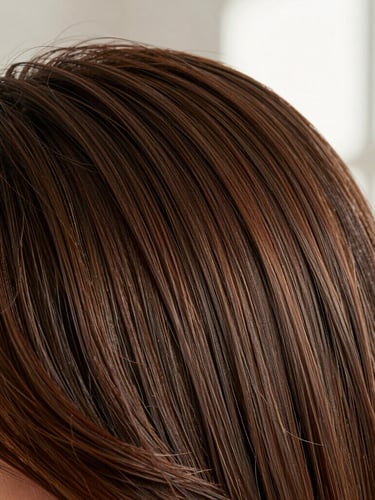 Macro close-up of healthy, lustrous hair texture under soft natural window light, showcasing rich color and smooth alignment, clean and elegant styling
