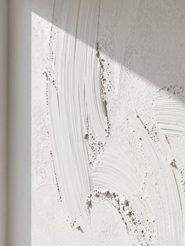 Close-up of a decorative microcement wall finish with rich trowel textures, bright side lighting from a nearby window, sharp focus