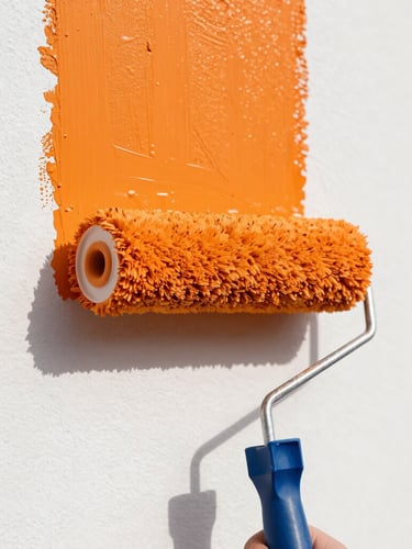 Macro close-up of a paint roller applying vivid orange paint to a stark white wall, leaving a perfectly saturated clean path, bright natural daylight