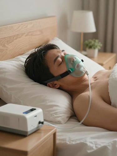 Wide-angle photograph of a patient sleeping peacefully in a soft, morning-lit bedroom, wearing a modern CPAP mask connected to a quiet bedside device, warm natural light, serene composition.