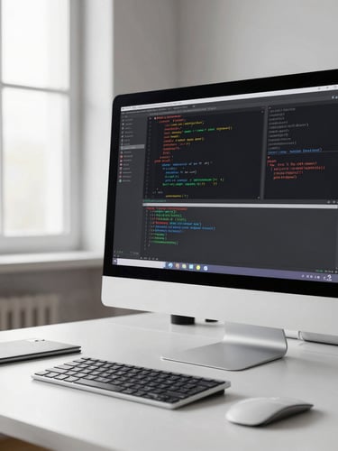 Wide shot of a dark-mode code editor on an ultrawide monitor, sharp syntax highlighting visible on a React component file, desk surface partially visible at bottom, natural daylight from a window at left, high contrast, monochromatic workspace feel