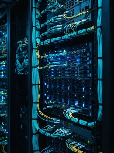 Close-up of high-performance server racks with glowing blue and cyan indicator lights in a dark data center, fiber optic cables neatly bundled, sharp focus, technical atmosphere, editorial technology photography.