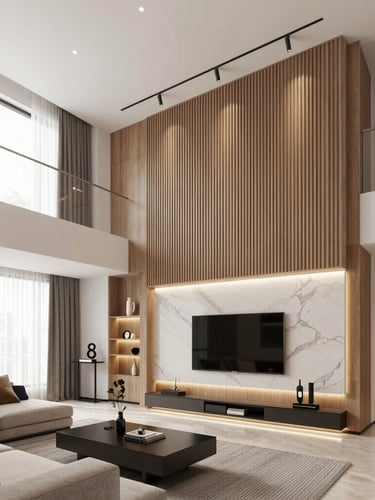 Modern luxury living room featuring a double-height ceiling, wood slat wall panels, and backlit TV unit.