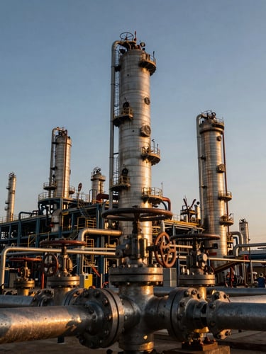 A towering industrial refinery skyline at golden hour, sharp close-up of heavy-duty steel valves and pipelines in the foreground, warm cinematic light.