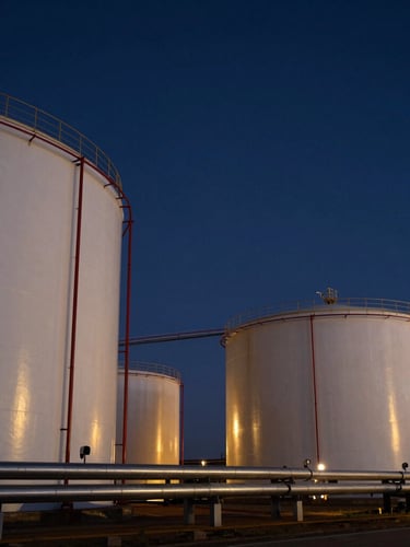 Low-angle dramatic dusk photograph of massive white liquid bulk storage tanks, steel pipelines reflecting golden floodlights, deep navy sky, sharp 35mm focus.