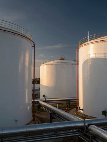 Cinematic wide-angle shot of massive white liquid storage tanks at golden hour, dramatic lighting reflecting off steel pipelines, industrial scale.
