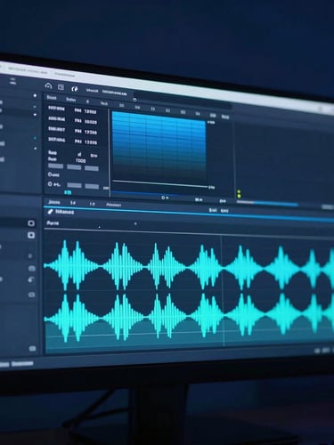 Macro over-the-shoulder shot of a video editing software timeline on a wide monitor, glowing cyan and blue audio waves, dark studio background, sleek technological photography.