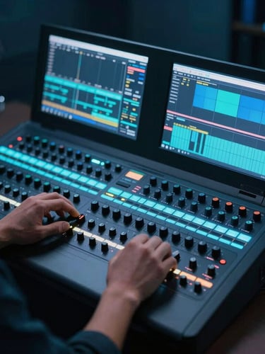 Over-the-shoulder shot of a video editor working on a professional color-grading console, hands adjusting physical dials, glowing cyan and blue reference screens in a dark studio.