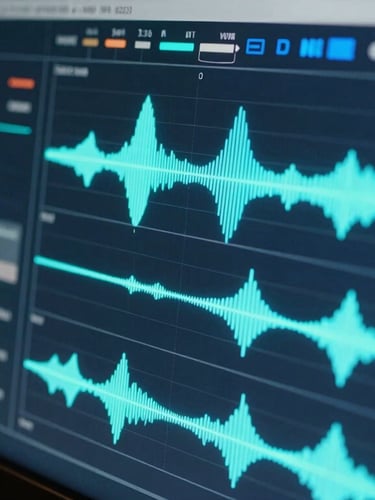 Macro shot of a high-end digital video timeline on a monitor, neon cyan audio waveforms, dark studio environment, professional post-production